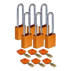 Замки алюминиевые Brady SafeKey со стальной дужкой, 76 мм, Ø 6.4 мм, оранжевые, 6 шт [gws150344]