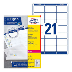 Почтовые этикетки Avery Zweckform, белые, 63.5 x 38.1 мм, 21 этикетка на листе А4 (100 листов) [L7160-100]