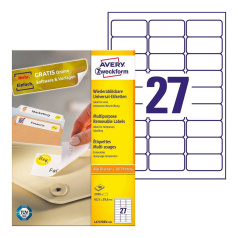 Удаляемые этикетки Avery Zweckform, белые, 63.5 x 29.6 мм, 27 этикеток на листе А4 (100 листов) [L4737REV-100]