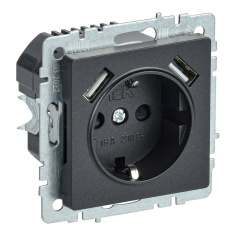 Розетка 1-местная IEK BRITE с заземлением со шторками 16А с USB A+A 5В 3,1А РЮш10-2-БрЧ черный [BR-R14-16-U21-D31-K02]