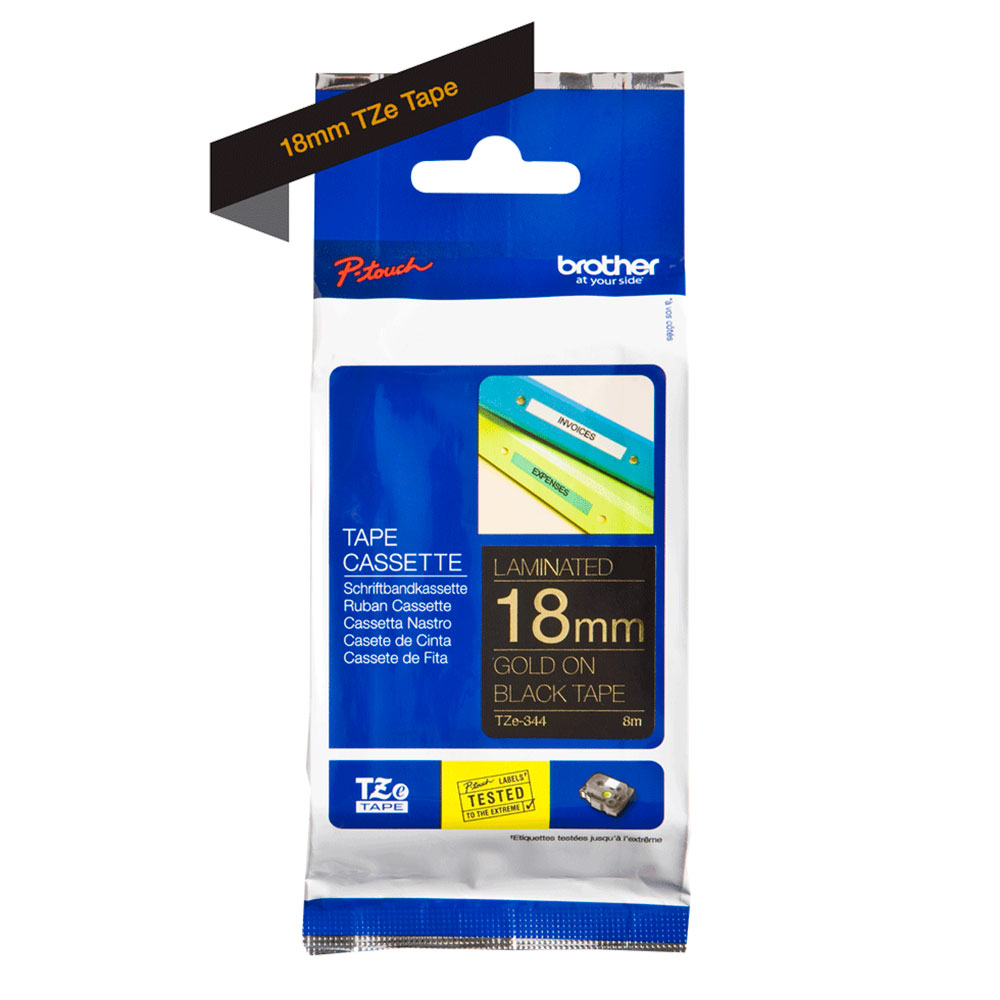 Картридж Brother TZe-344, 18 мм, золотой на черном [TZe344]