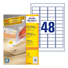 Удаляемые этикетки Avery Zweckform, белые, 45.7 x 21.2 мм, 48 этикеток на листе А4 (100 листов) [L4736REV-100]