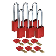Замки алюминиевые Brady SafeKey со стальной дужкой, 76 мм, Ø 6.4 мм, красные, 6 шт [gws150323]