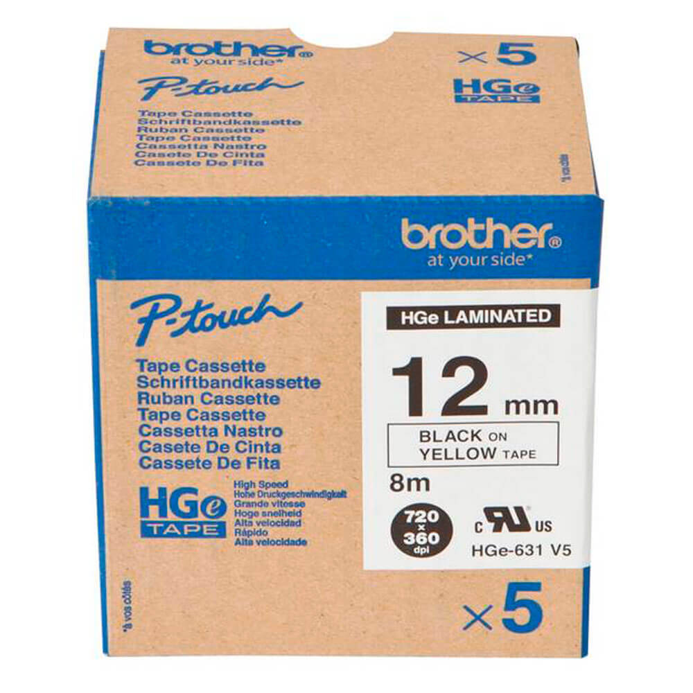 Набор лент Brother HGe-631V5, 12 мм, черный на желтом (5 лент по 8 м) [HGe631V5]